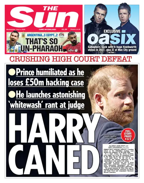 The headline on the front page of the Sun reads: 'Harry Caned.'