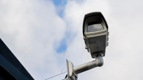A CCTV camera on the side of a building. The sky is blue with clouds.