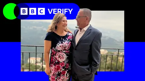 A composite image showing the BBC Verify logo with a Lebanese couple.