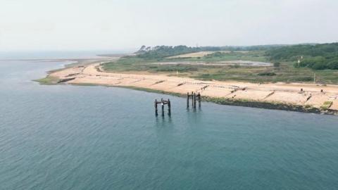 View of Lepe Beach D-day remains taken from drone over sea