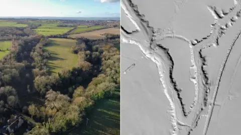 Simon Elliott Markland Grips - a composite image showing on the left a daylight drone show of a lozenged shaped head of land bordered on three sides by wooded valleys, and on the right a black and white overhead radar image of the same area, which emphasises the terrain and 'sees through' the foliage.