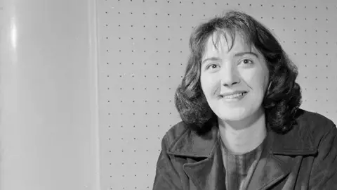 Black and white image of Shelagh Delaney when she appeared on Woman's Hour in 1961. She was in the studio as guest of the week on the show on Radio 4. 