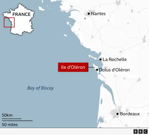 Map showing the location of Île d’Oléron off the west coast of France in the Bay of Biscay. The island is highlighted with a red label and the city of Dolus d’Oléron on the island is also marked. On the mainland, the nearby town of La Rochelle is marked as it Bordeaux to the south and Nantes to the north. A small inset map of France in the top left shows the region’s position on the west coast of the country.