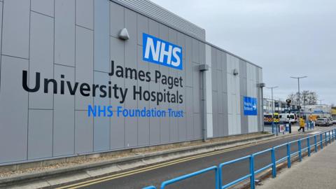 An exterior photograph of the James Paget Hospital