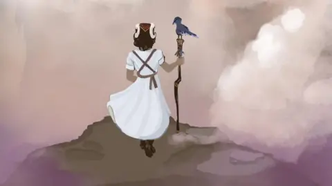 Tallulah Martinez A drawing of a girl in a white dress holding a wooden staff with a bird sitting on top, is looking at clouds from a mountain top