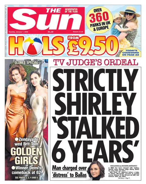 The headline in the Sun reads: "Strictly Shirley 'stalked 6 years'". 