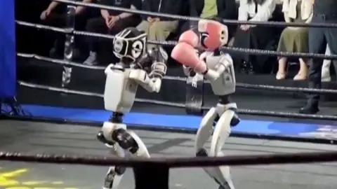 Two humanoid robots fighting in boxing ring