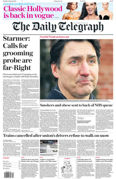 Judul di Telegraph berbunyi: "Starmer: Seruan untuk penyelidikan perawatan dilakukan oleh kelompok sayap kanan".