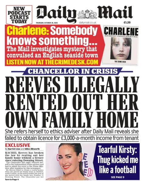 "Reeves illegally rented out her own family home" reads the headline on the front page of The Daily Mail.