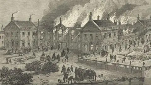 University of Nottingham Vintage engraving showing a fire engulfing old Clumber House in 1879