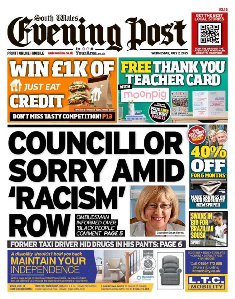 South Wales Evening Post Front page of the South Wales Evening Post with the splash headline "Councillor sorry amid 'racism' row". Below is an advert for stairlifts. Above arr Just Eat and Moonpig adverts. To the right is a 40% off paper subscription coupon and a box with the headline "Swans in bid for Brazilian Sousa".