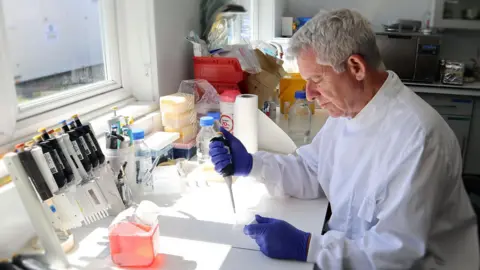APHA Professor Ian Brown is wearing a white lab coat and blue safety gloves while sat working in a laboratory. He is using a pipette to place samples on a slide, while surrounded by equipment and a bottle of orange liquid on the desk. The sun shines in from a window in front of him.