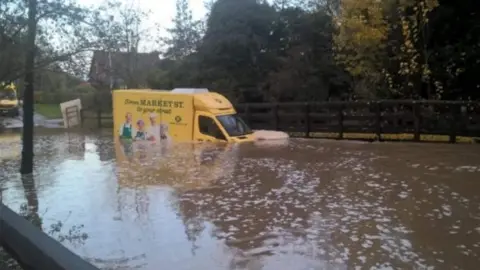 Rufford Ford Action Group Morrisons van trapped in floodwater on Rufford Ford