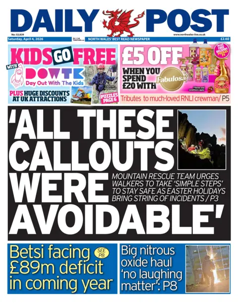 Daily Post Front page of the Daily Post with the headline "All these callouts were avoidable", the subheadline reads: Mountain rescue team urges walkers to take 'simple steps' to stay safe as Easter holidays bring string of incidents. Page 3. Under is a headline that reads: "Betsi facing £89m deficit in coming year" and next to this is a headline that reads: "Big nitrous oxide haul 'no laughing matter'", with a photo of a man sparking at a unit.