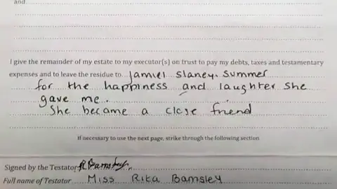 The fake will reads: "I give the remainder of my estate to my executor(s) on trust to pay my debts, taxes and testamentary expenses and to leave the residue to (then in handwriting) Jamiel Slane-Summer for the happiness and laughter she gave me. She became a close friend."