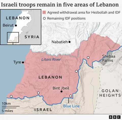 A map showing the five positions where IDF troops remain in Lebanon. They are spread widely across the border between Lebanon and Israel.