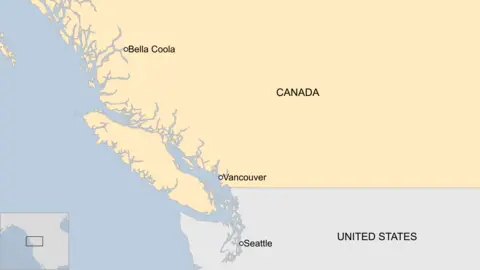 A map showing the relative position of Bella Coola and Vancouver in Canada, as well as Seattle in the US.