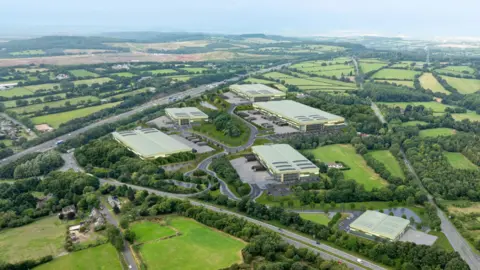 Caddick An aerial image of the countryside with six CGI warehouse superimposed on the landscape
