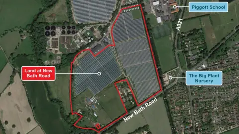 LDRS An aerial view and red outline of the development site, clearly marked in blue are the Piggott Secondary School and The Big Plant Nursery in white is the road entrance on New Bath Road.