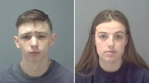 Suffolk Police Mugshots depicting a man on the left and a woman on the right. Both are wearing prison clothes and looking directly at the camera. 