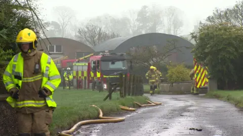 Firefighters along with two appliances outside two sheds down a country lane. Trees can be seen in the background on a grey overcast day.