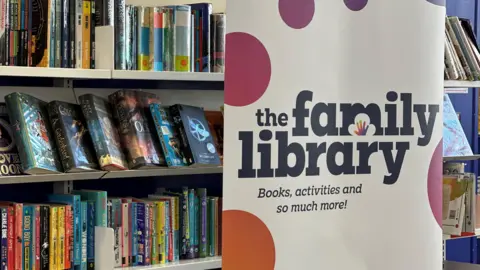 A sign that reads "The Family Library: books, activities and so much more!" It is white with multi-coloured spots and is on a banner in front of a bookshelf full of books.