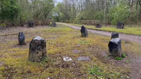 A ring of stones in a woodland, surround by a larger ring of stones. There is moss and grass growing on the ground around the stones. There is a footpath and trees in distance.
