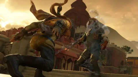 Bandai Namco A screenshot captures a moment of action. The player character, seen from behind, is in a crouched position as she advances on a semi-transparent enemy character. The background is dominated by a domed building reminiscent of Indian architecture.