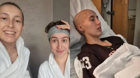 A side-by-side collage: On the left, Caitlin and Grace Leggett wear white bath robes and smile for a selfie. Caitlin has short, buzzed hair while Grace has long hair covered by a grey hair band. On the right, a Caitlin sleeps in a hospital bed, she has no hair left. 