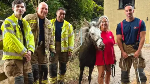 Essex Fire and Rescue Service Four firefighters stand either side of the mule and her owner. She is still covered in mud. 