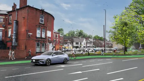 A main road with white markings painted on the surface and a lilac coloured car. There are houses in the background with people walking on the pavement and a person riding a bike.