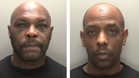 Police custody photographs of Derek Brown and Kevin Gibbs they have shaved heads and are wearing black shirts
