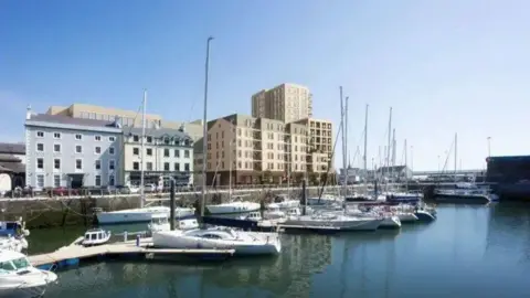 WYYTTAVIN LIMITED An illustration of the view of the development from across the harbour. There are boats moored in the fore with the other buildings on the quayside running along side it on the waterfront.