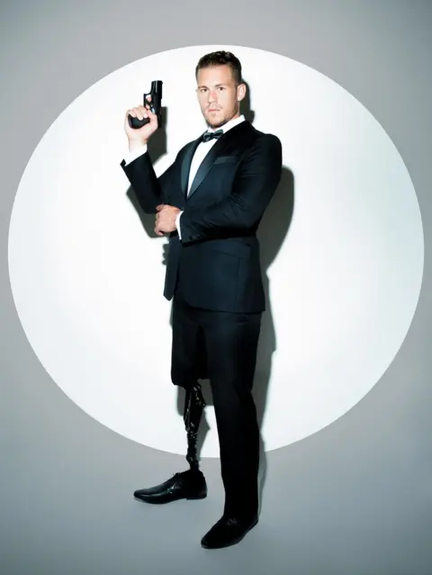 Linda Blacker  Jack Eyers as James Bond with a prosthetic leg