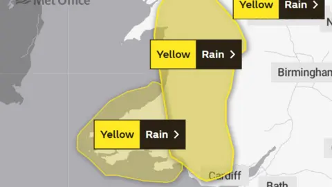 Met Office Met Office weather map showing Wales' yellow warning for rain