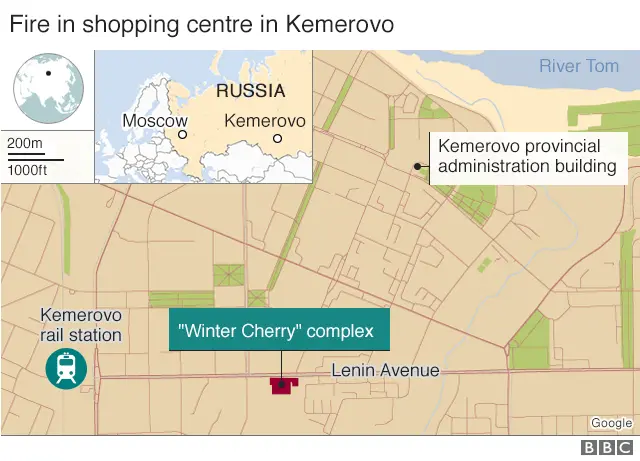 Map shows the cities of Moscow and Kemerovo in Russia