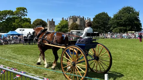 A woman on a cart pulled by a horse at the Sherborne Castle Country Fair. Crowds are cheering behind fences and the castle is seen in the distance. It is a sunny day.
