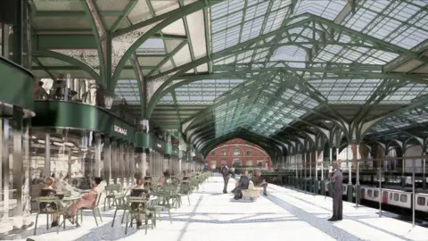 Network Rail An artist's impression of the new upper level inside Liverpool Street Station, with green and white beams, white floors and new restaurants featuring green and white signage