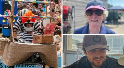 A collage showing three images. On the left, the cart in Soapbox race made of an upside down basket, with the racing team in striped jail costumes. On the right, a woman wearing a baseball cap and a young man also wearing a black baseball cap.