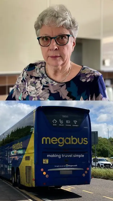 An image of a woman with short grey hair, glasses and a blue floral top. At the bottom there is a separate image of the back of a blue Megabus.