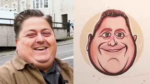 Artist Adam Brown smiles at the caricature he drew of himself