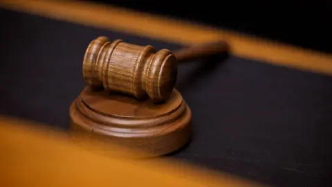 A close-up of a court gavel resting on a circular wooden block.