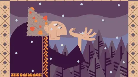 RYAN MORRISON An old woman is pictured in the artwork. She has autumn leaves in her grey hair and wears a purple coat as she holds her hand out to rain. The background shows purple stylised trees and sky.
