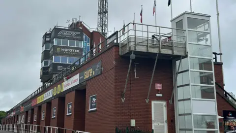BBC Red brick building and tower at TT grandstand