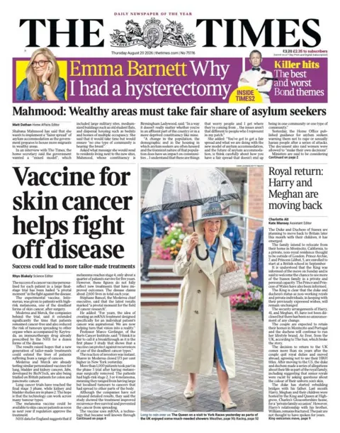 The headline on the front page of the Times reads: "Royal return: Harry and Meghan are moving back."