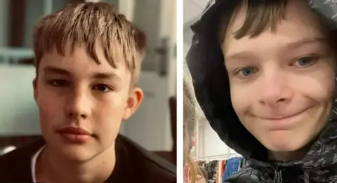 Max Dixon, 16, (left) sitting in home, he is wearing a black top. Mason Rist, 15, (right) smiling and while coat with hood up.