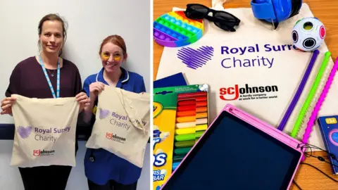 A composite image of two women each holding a tote bag in front of them. The other image features a colouring book, texters, a drawing board, a ball and a pair of dark glasses.