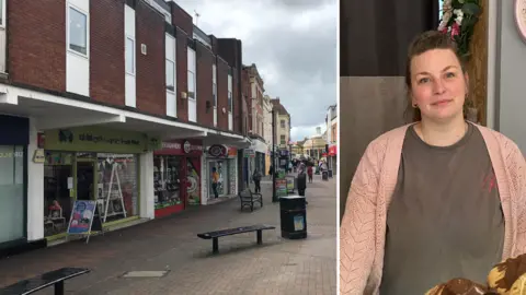 BBC Composite image of a woman stood in a cafe alongside a view of Bridgwater town centre
