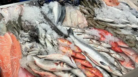 A fish shop's display of raw fish. 
