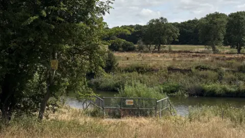 The River Severn surrounded by green and brown grass and green trees. There is metal fencing surrounding the area where the scheme is under the earth